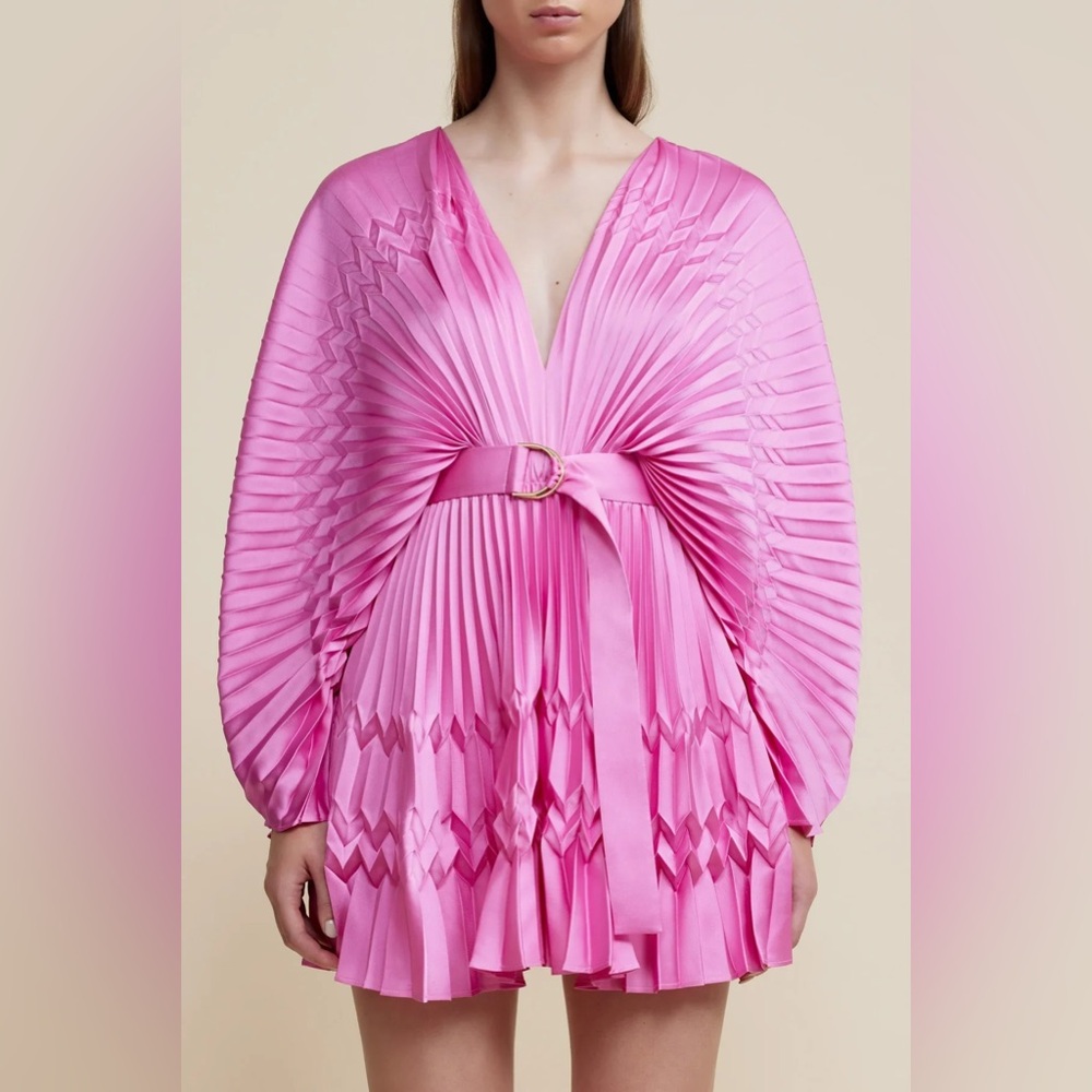 Acler Harrow Dress Pink Pleated V-Neck Mini Dress with Belt